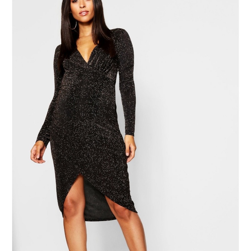 Black and gold shimmer wrap dress; Maternity